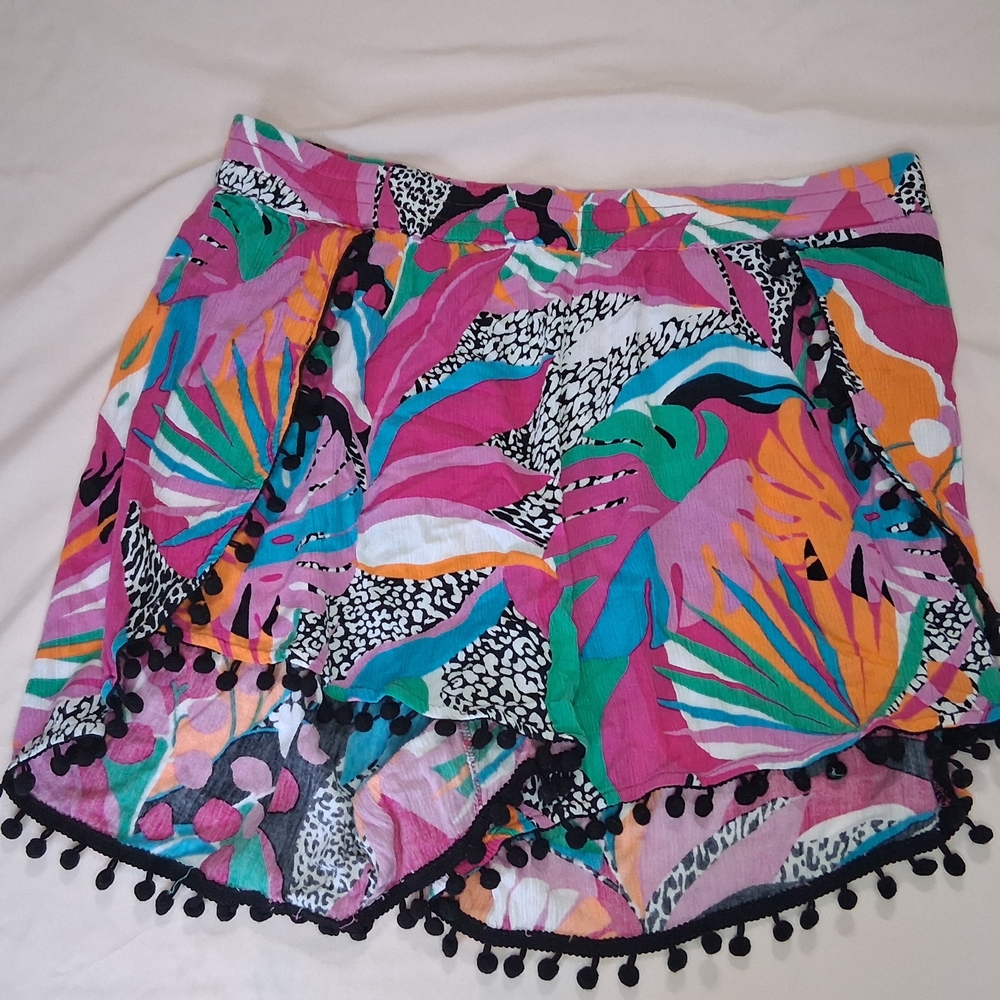 Perfectly Palm Pom Pom Hem Rayon Wacky Colorful Beach Shorts Tropical Bootie